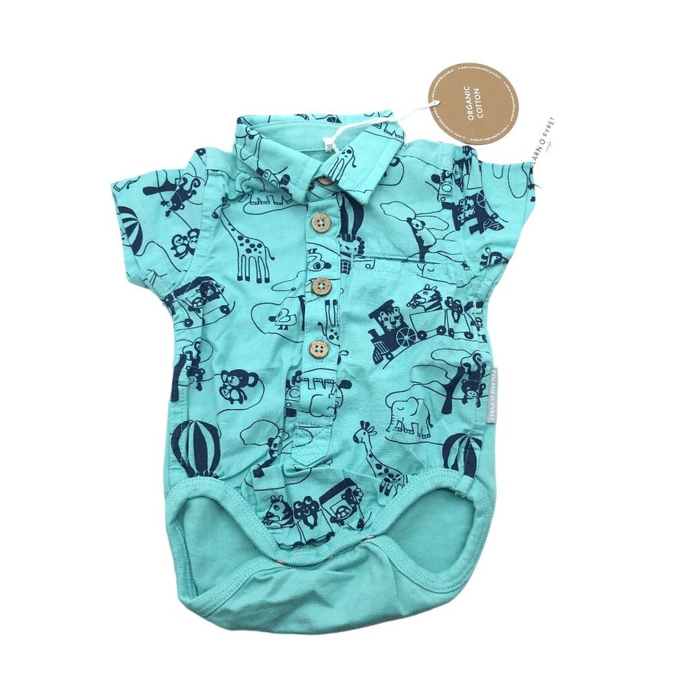 Polarn O. Pyret Organic Cotton Baby One Piece Animal Prints Collar Button-Up 0-1